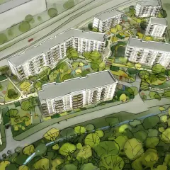 Wizualizacja osiedla Harmonia Mokotów: nowoczesne budynki mieszkalne otoczone zielenią i placami zabaw.