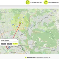 Mapa pokazuje przedmieścia Warszawy, z zaznaczonymi Markami i okolicznymi miejscowościami.