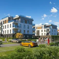 Nowoczesna dworska enklawa z apartamentami, zielenią i ludźmi spacerującymi.