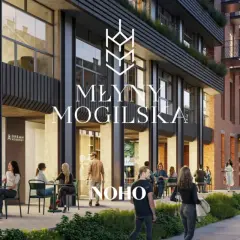 Nowoczesna architektura osiedla Młyny Mogilska. Ludzie relaksują się przy stolikach kawiarni na zewnątrz.