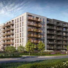 Nowoczesny blok mieszkalny z licznymi balkonami, gdzie toczy się **centralna vita**. Spacerujący człowiek z psem i przechodzący ludzie dodają życia tej architekturze.