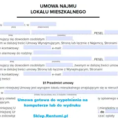 Najprostsza umowa najmu lokalu mieszkalnego do wypełnienia online lub do wydruku. Dokument zawiera pola na dane stron, PESEL, adres nieruchomości i warunki najmu.