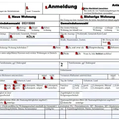 Formular zur Anmeldung einer neuen Wohnung in Köln. Sekcja dotyczy zameldowanie bez umowy najmu.
