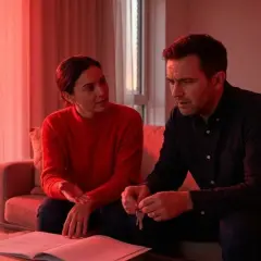 Para omawia umowę użyczenia lokalu. Mężczyzna trzyma klucze, kobieta gestykuluje.