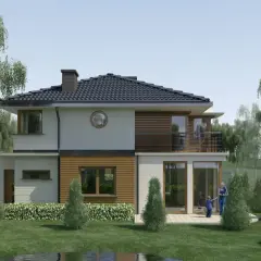 Nowoczesny dom z drewnianymi elementami, otoczony zielenią. W oddali widać brzozowa aleja, a na tarasie bawią się dzieci.