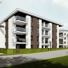 Nowoczesne apartamentowce z balkonami, otoczone zielenią. Wyobraź sobie, że mieszkasz w tej spokojnej, koncertowej dolinie.