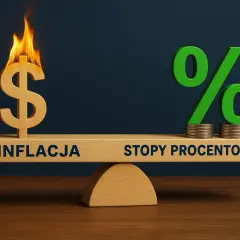 Waga pokazuje, że wysoka inflacja (płonący znak dolara) przeważa nad stopami procentowymi.