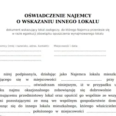 Oświadczenie o przyjęciu najemcy do innego lokalu w razie egzekucji. Dokument zawiera dane najemcy i miejsce na podpis.