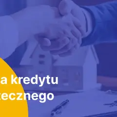 Uścisk dłoni symbolizuje umowę, a obok model domu i klucze. Tekst: "Marża kredytu hipotecznego".