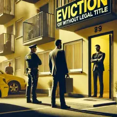 Egzekutor i mężczyzna w garniturze przed budynkiem z napisem "EVICTION OF WITHOUT LEGAL TITLE". Konsekwencje zajmowania lokalu bez tytułu prawnego.