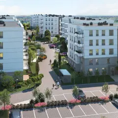 Nowoczesne osiedle z białymi blokami mieszkalnymi, zielenią i parkingami. To art teo, wizualizacja przyszłego miejsca do życia.