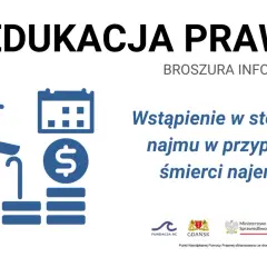 Ilustracja przedstawia starszą osobę z laską, kalendarz i symbol dolara, symbolizujące uzyskanie tytułu prawnego do lokalu po śmierci głównego najemcy.