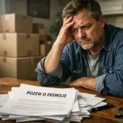 Zmartwiony mężczyzna z dokumentem "Pozew o eksmisję" przed sobą. W tle piętrzą się kartony, sugerując trudną sytuację rodziny z dziećmi.