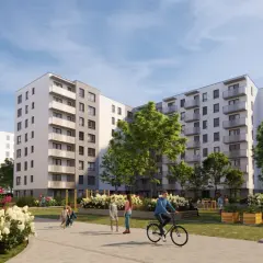 Nowoczesne osiedle Neopolis Ursus z zielonymi dziedzińcami, gdzie ludzie spacerują i jeżdżą na rowerze.