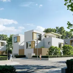 Nowa Królikarnia: nowoczesne domy z drewnianymi akcentami, otoczone zielenią. Ludzie spacerują, rowerzystka przemierza ulicę.