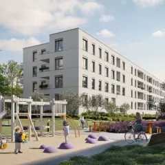 Nowoczesne osiedle z placem zabaw i zielenią. Dzieci bawią się na huśtawkach i zjeżdżalni, a kobieta jedzie na rowerze. Styl życia w duchu **gardenia lagom**.