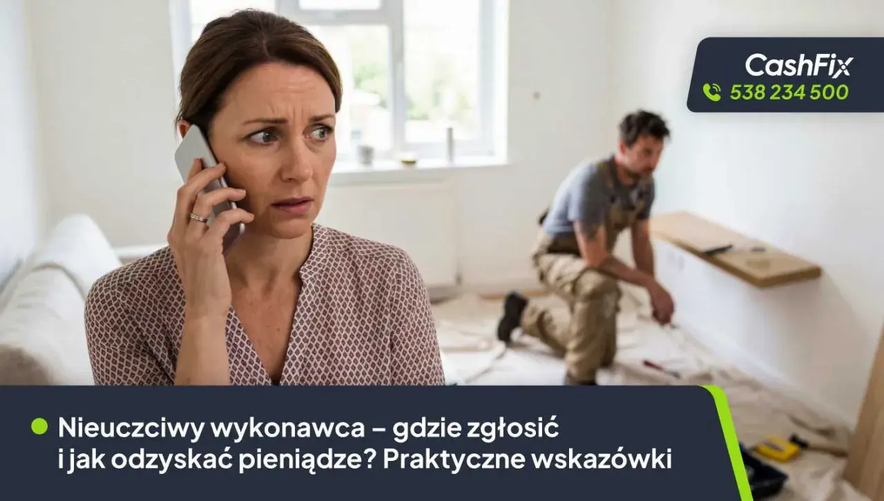 Zmartwiona kobieta rozmawia przez telefon, szukając informacji, gdzie zgłosić nieuczciwego wykonawcę i jak odzyskać pieniądze.