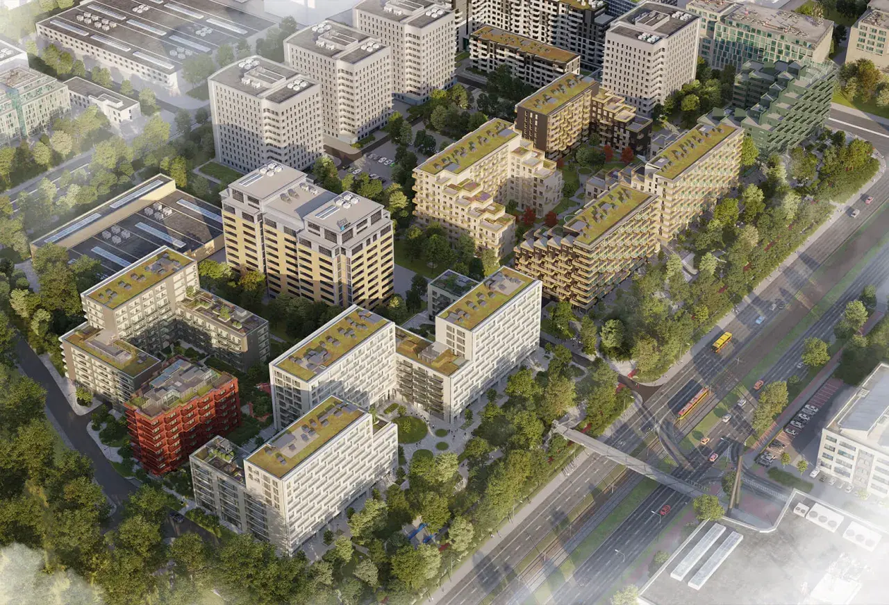 Nowoczesny Mokotów: osiedle z zielonymi dachami, nowoczesną architekturą i terenami zielonymi.