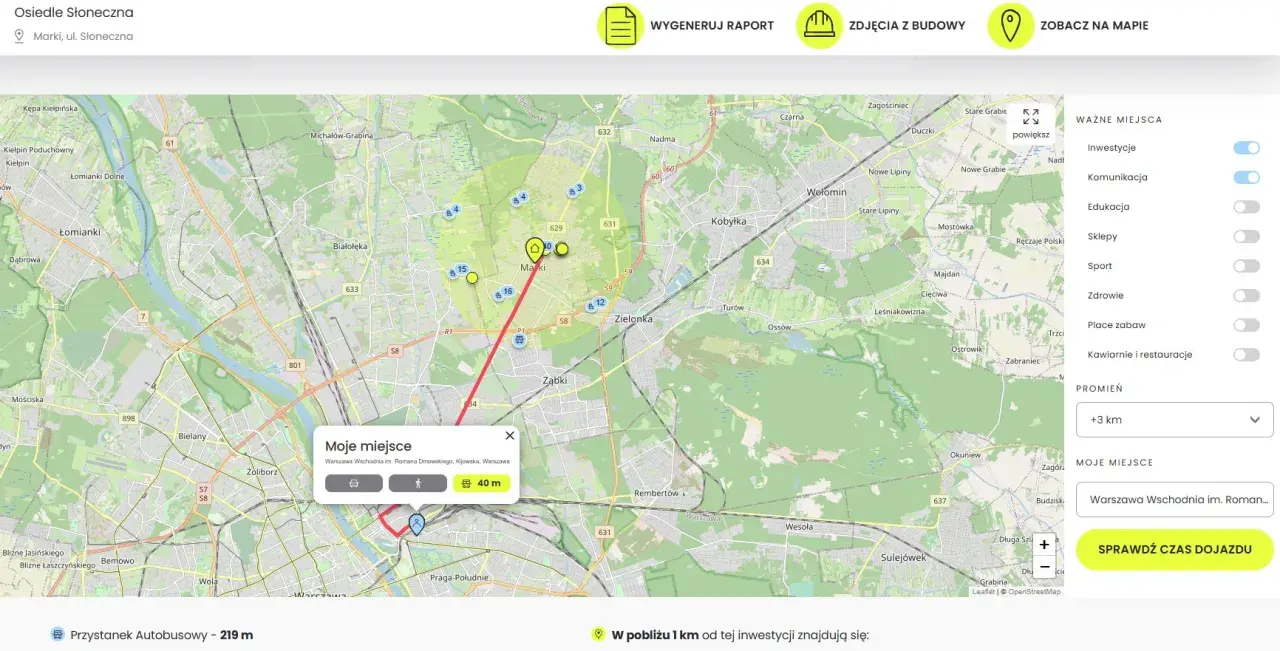 Mapa pokazuje przedmieścia Warszawy, z zaznaczonymi Markami i okolicznymi miejscowościami.