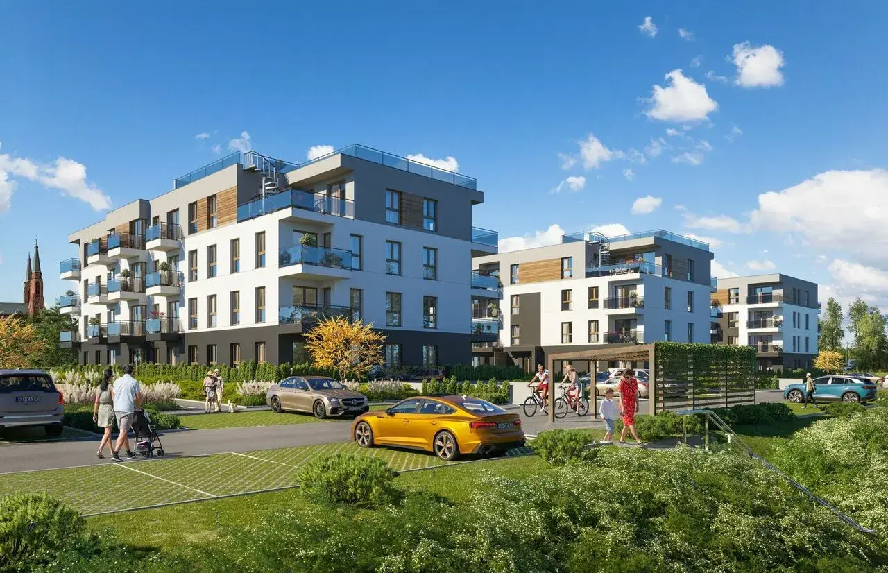 Nowoczesna dworska enklawa z apartamentami, zielenią i ludźmi spacerującymi.