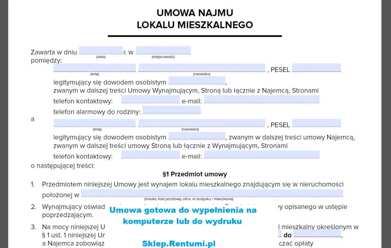 Najprostsza umowa najmu lokalu mieszkalnego do wypełnienia online lub do wydruku. Dokument zawiera pola na dane stron, PESEL, adres nieruchomości i warunki najmu.