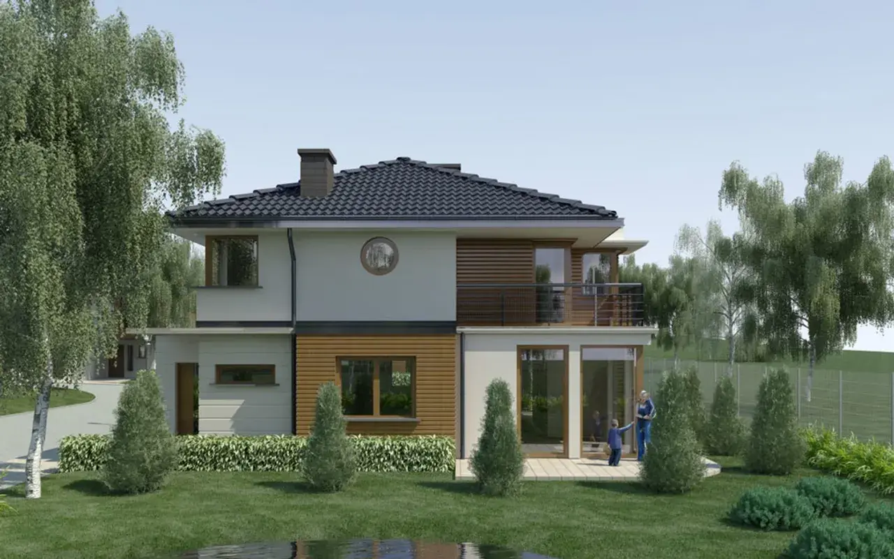 Nowoczesny dom z drewnianymi elementami, otoczony zielenią. W oddali widać brzozowa aleja, a na tarasie bawią się dzieci.
