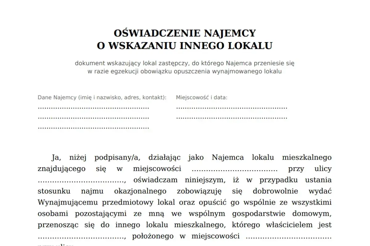 Oświadczenie o przyjęciu najemcy do innego lokalu w razie egzekucji. Dokument zawiera dane najemcy i miejsce na podpis.