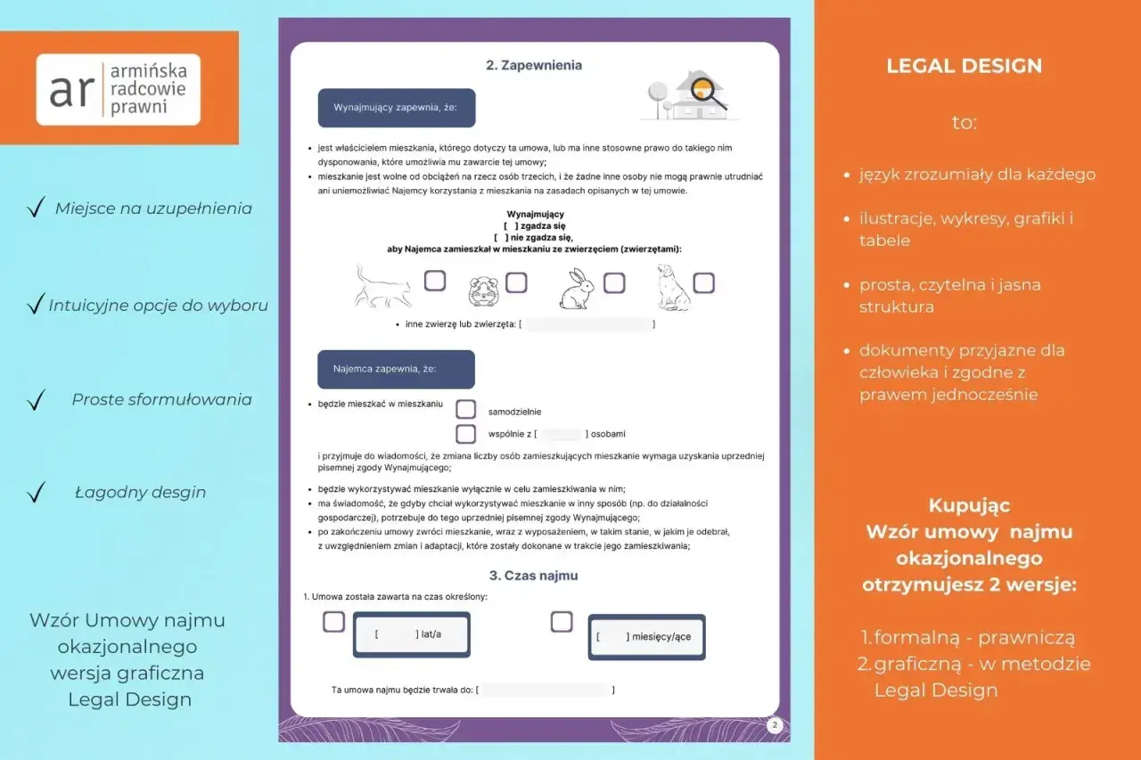 Graficzna umowa najmu okazjonalnego, bez lokalu zastępczego. Proste opcje wyboru, jasna struktura.