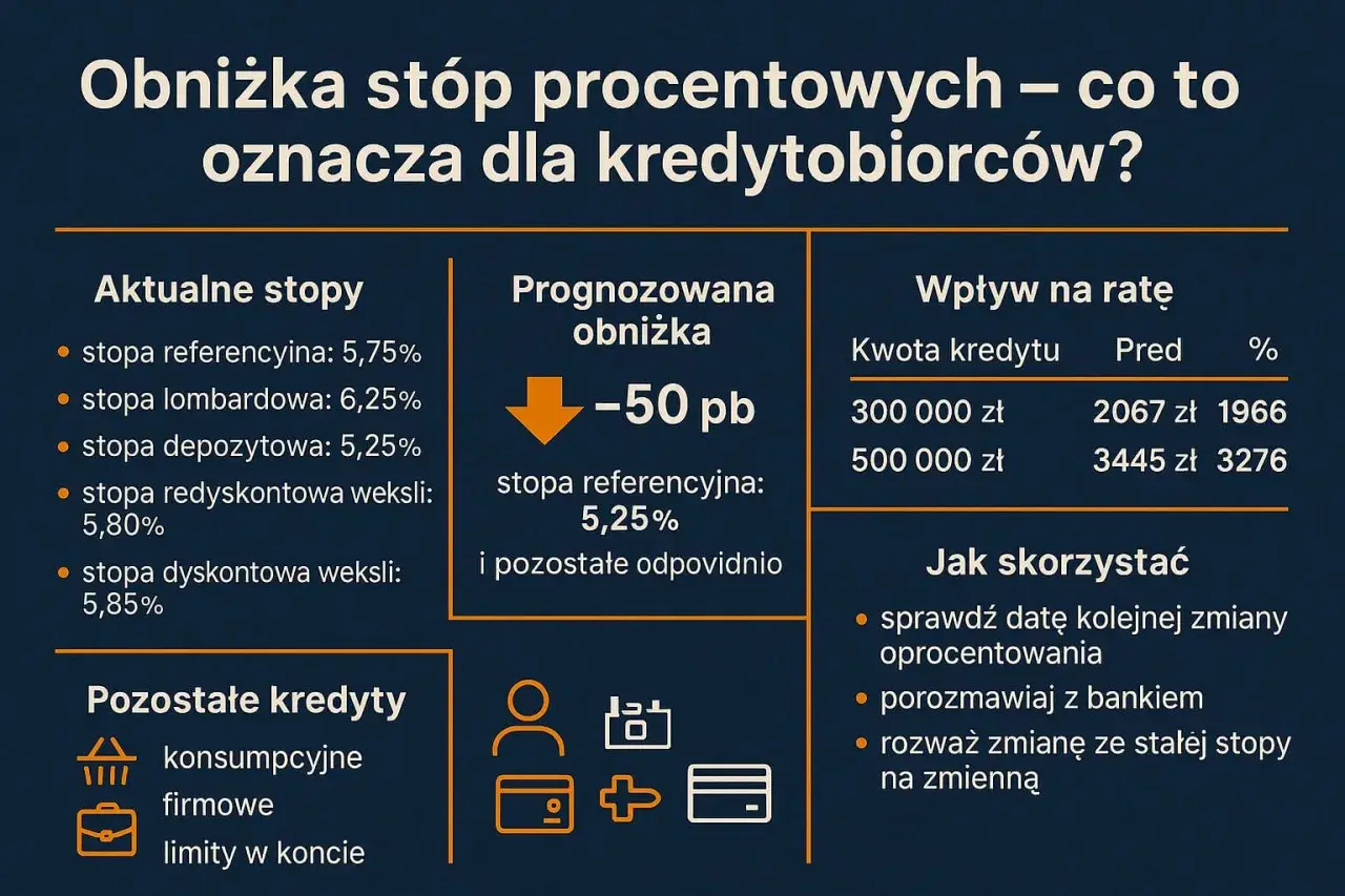 Obniżenie stóp procentowych o 50 pb oznacza niższe raty kredytów. Sprawdź, jak to wpłynie na Twój kredyt.