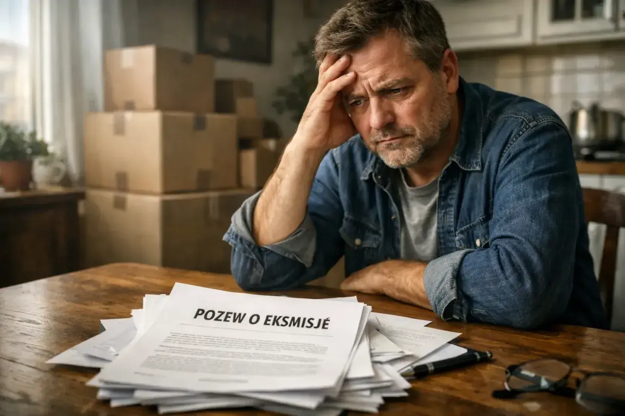 Zmartwiony mężczyzna z dokumentem "Pozew o eksmisję" przed sobą. W tle piętrzą się kartony, sugerując trudną sytuację rodziny z dziećmi.