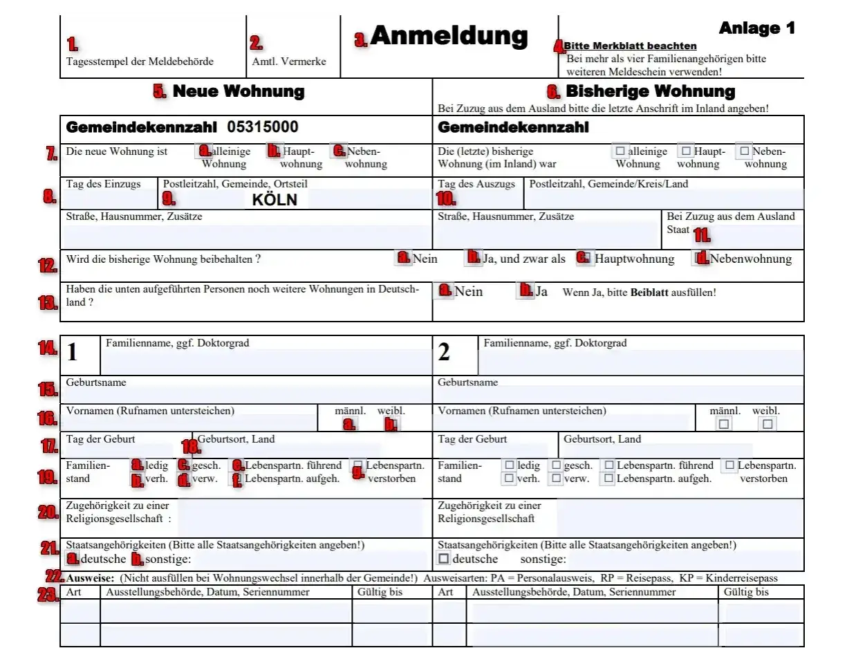 Formular zur Anmeldung einer neuen Wohnung in Deutschland. Wichtige Felder für die Adressänderung und Angaben zur bisherigen Wohnung, auch bei zameldowanie bez umowy najmu.