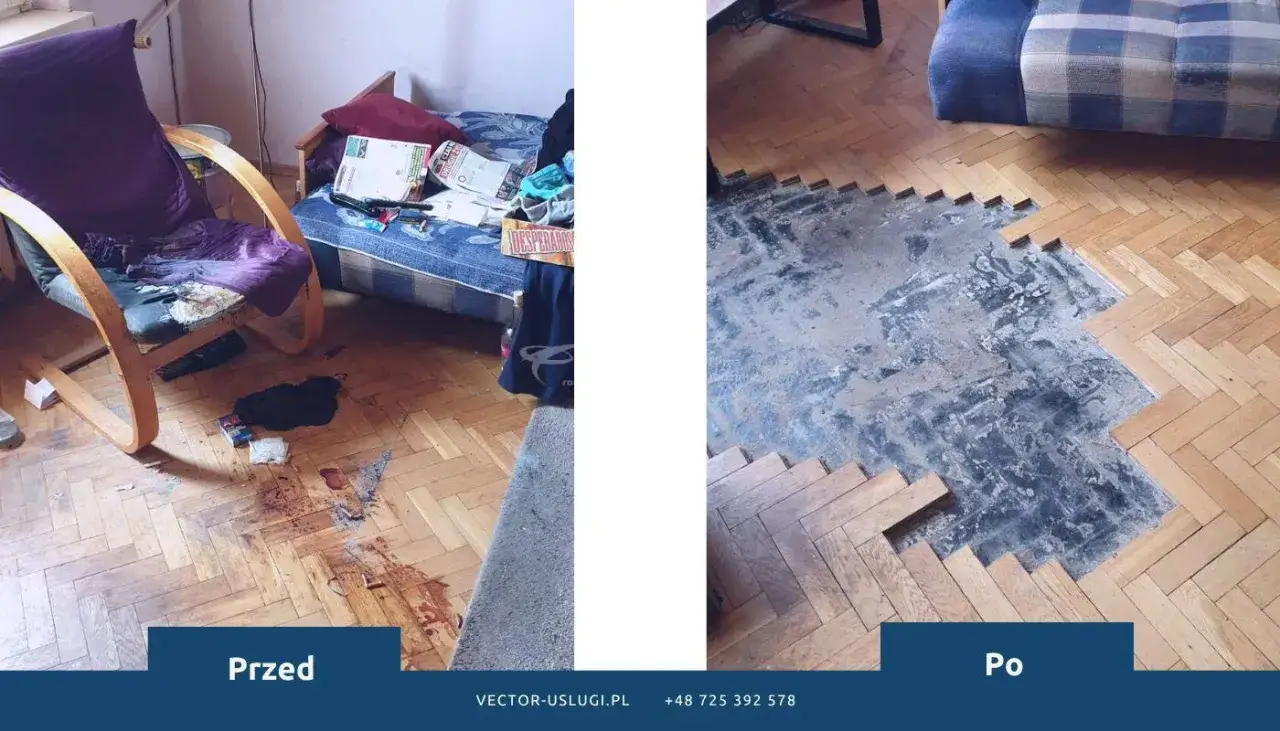 Przed i po opróżnieniu mieszkania po śmierci najemcy. Widoczne zniszczenia podłogi i bałagan.