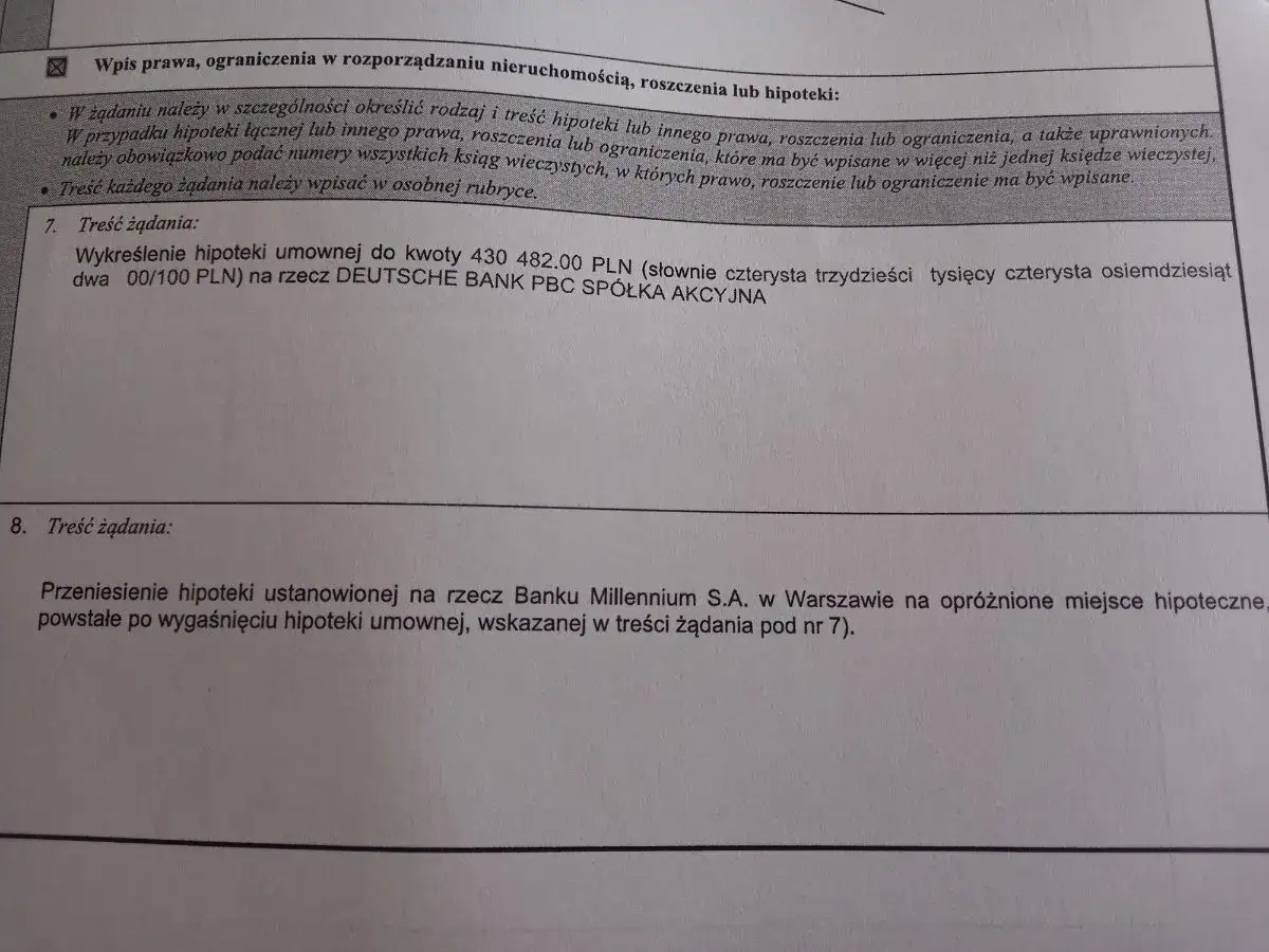 Wniosek o przepisanie hipoteki na inną osobę, wykreślenie hipoteki umownej na rzecz DEUTSCHE BANK PBC S.A. lub przeniesienie hipoteki na inne miejsce.