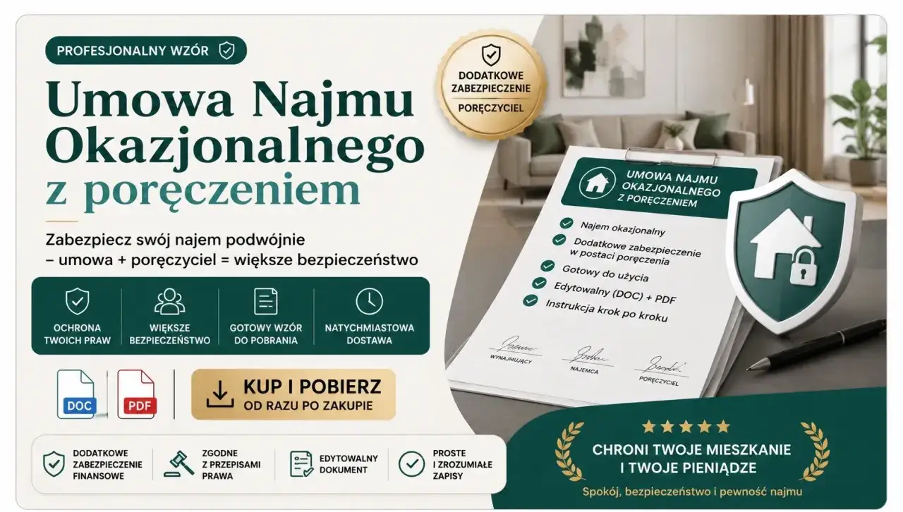 Umowa najmu okazjonalnego z poręczeniem. Czy w umowie najmu musi być PESEL? Dokument chroni Twoje mieszkanie i pieniądze.