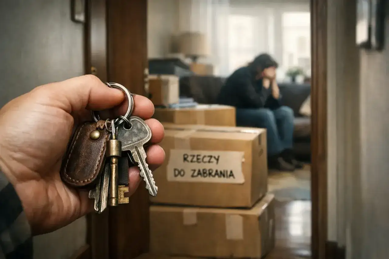 Klucze w dłoni, stos kartonów i zrozpaczona osoba na kanapie. To obraz eksmisji lokatora bez tytułu prawnego.
