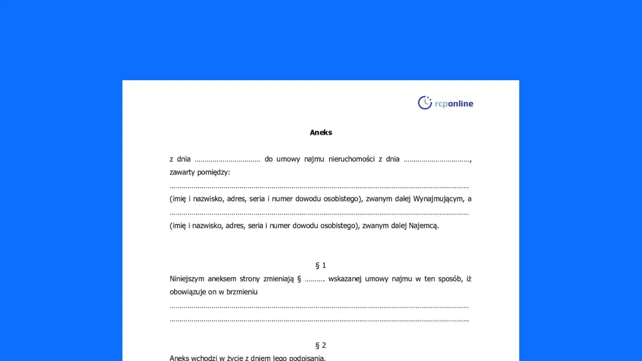 Aneks do umowy najmu nieruchomości, regulujący podnajmowanie wynajmowanego lokalu. Dokument zawiera dane stron i zmiany w umowie.