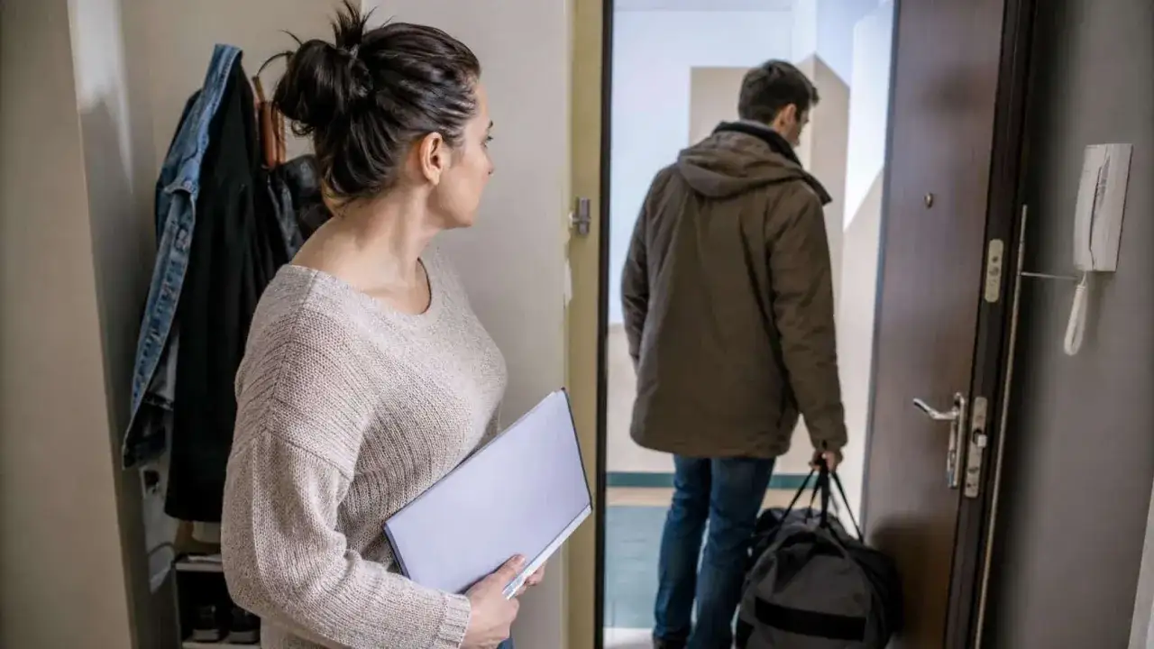 Kobieta z teczką obserwuje mężczyznę wychodzącego z mieszkania z torbą. Może to być sytuacja związana z wnioskiem o eksmisję z mieszkania wzór.
