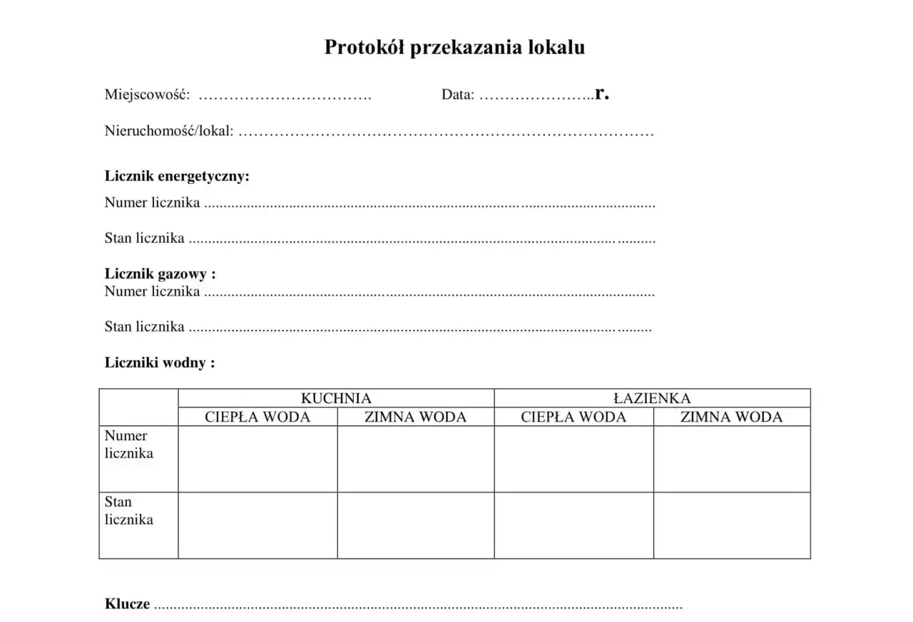 Protokół przekazania lokalu do dzierżawy. Dokument zawiera pola na dane nieruchomości, liczniki (energetyczny, gazowy, wodne w kuchni i łazience) oraz klucze.